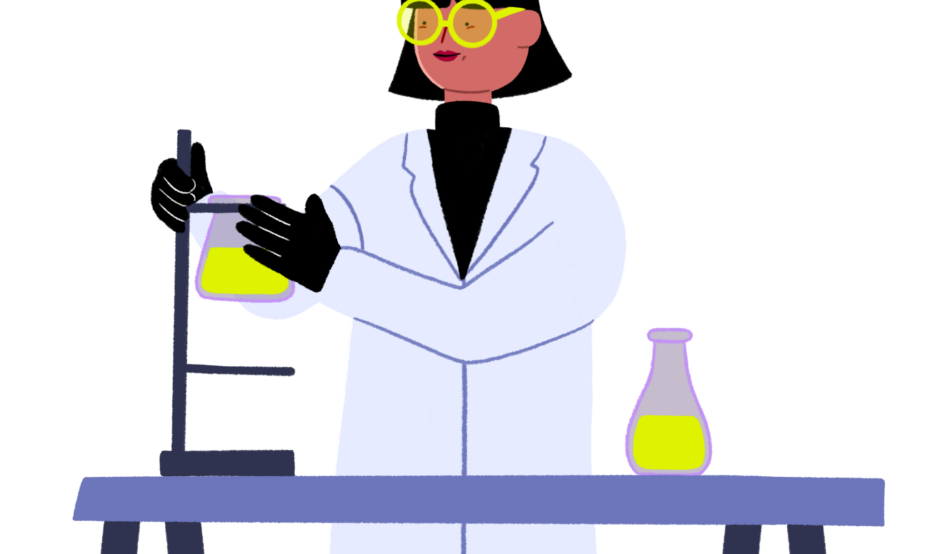 Guts UK cartoon character of a researcher in her white lab coat. She is wrapping her right around a flask with green liquid on a stand on top of a table. There is another flask with a green fluid on the right end of the table.