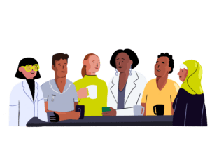 Five of Guts UK's brand cartoon characters sit around each other in front of a table with mugs. From left to right, there is a female researcher in a lab coat, a male healthcare professional in his blue-grey uniform top, a female in her green top, a healthcare professional in a lab coat, a male in his yellow top and a woman with her yellow hijab and black top.