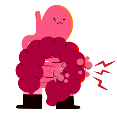 Guts UK's brand cartoon character of a large intestine (colon), small intestine and stomach. The stomach has a sad expression and the organs are standing up in black boots. There are inflammation pockets on the colon and the character is in pain.