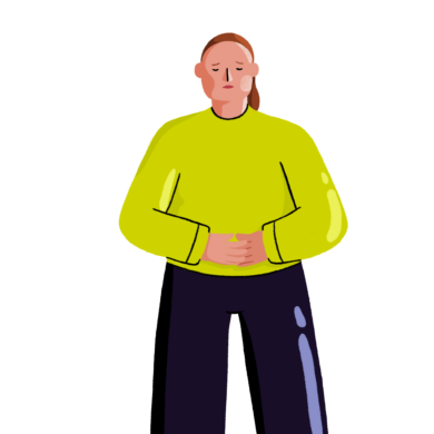 A digital character drawing of a white woman wearing a green jumper and navy trousers. The image is cropped to show the top of the trousers and upwards, and she is holding her hands to her stomach in pain. She has a pained look on her face.