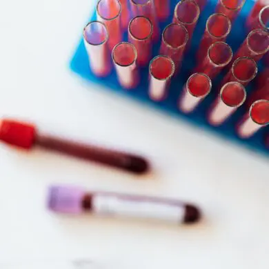 Blood test tubes in a test tube holder. Two are laying down on the table separately, filled with blood samples and have lids on them.