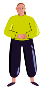 A digital character drawing of a white woman wearing a green jumper and navy trousers. The image is cropped to show the top of the trousers and upwards, and she is holding her hands to her stomach in pain. She has a pained look on her face.