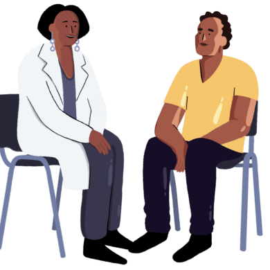 An illustration of a doctor and patient sat on chairs talking to one another.