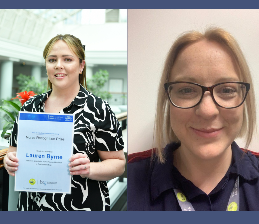 Ms Byrne stands holding her award certificate, smiling on the camera. Ms Gibson has taken a headshot photo of herself, in her nurse's uniform, wearing a Guts UK lanyard and glasses.