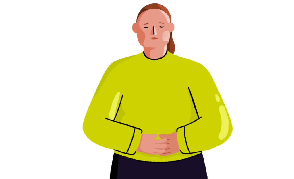 Guts UK's female brand character is stood up, clutching her stomach, in pain, with a sad expression
