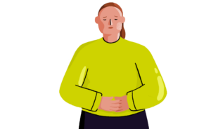 Guts UK's female brand character is stood up, clutching her stomach, in pain, with a sad expression