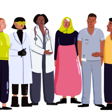 Guts UK's brand characters are stood in a line, looking at one another. The characters are a female patient, female researcher, female healthcare professional, a female patient wearing a hijab, a male healthcare professional and a male patient.