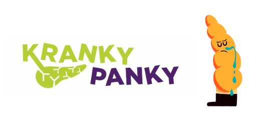 The Kranky Panky logo with a Guts UK pancreas organ brand character looking sad and crying