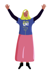 A female Guts UK brand character cheers with her hands up, wearing a hijab and a blue Guts UK t-shirt.