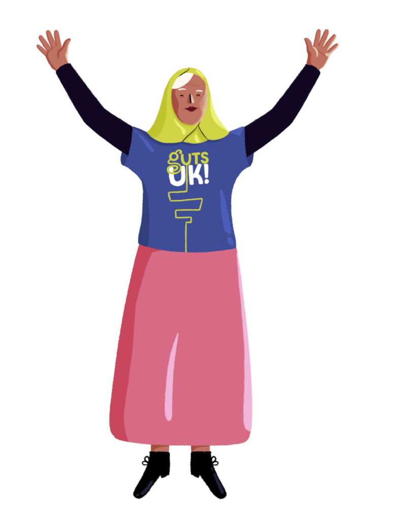 A female Guts UK brand character cheers with her hands up, wearing a hijab and a blue Guts UK t-shirt.