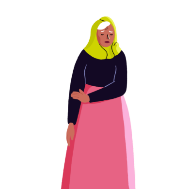 Guts UK's female brand character illustration is stood up, clutching her stomach, in pain, with a sad expression.