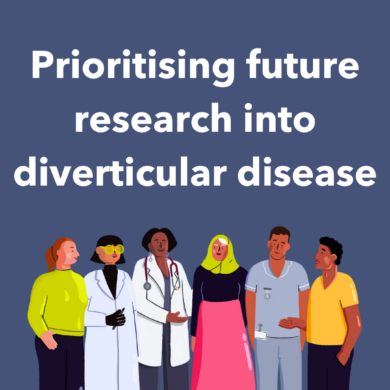 A blue background with white text that says 'prioritising future research into diverticular disease' accompanies an illustration of six people include three patients, one researcher and two doctors.