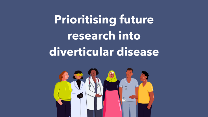 A blue background with white text that says 'prioritising future research into diverticular disease' accompanies an illustration of six people include three patients, one researcher and two doctors.