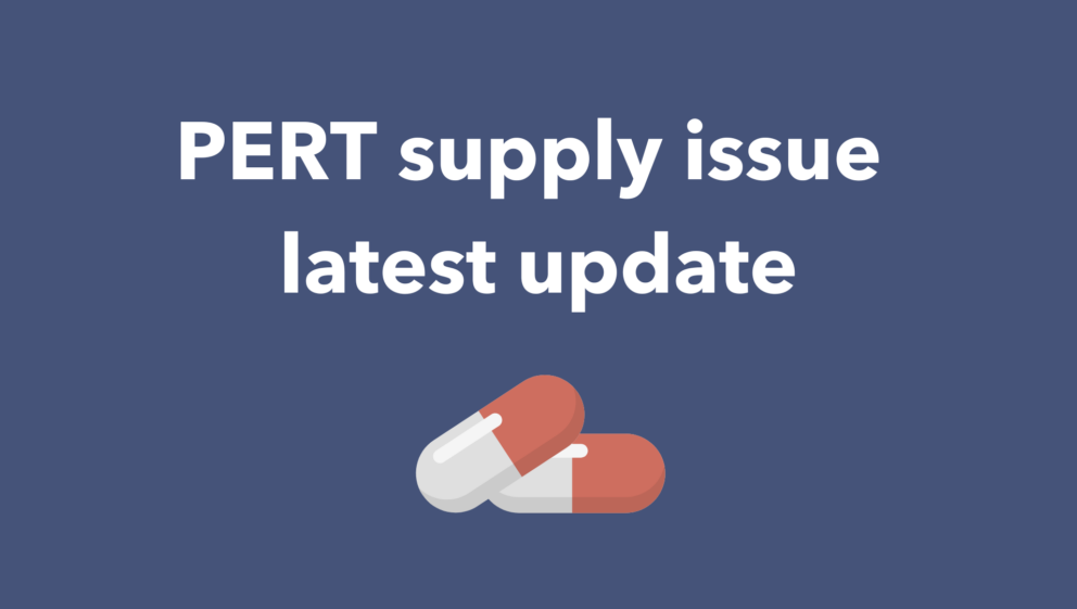 A blue background with white text that reads: PERT supply issue latest update. There is an illustration of two tablet capsules underneath the text.