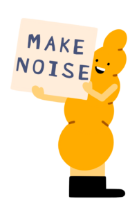 A Guts UK brand illustration of the pancreas character, smiling and holding a board up which says "make noise".