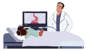 Guts UK Brand Characters of a doctor and patient. The doctor is performing an endoscopy and the patient is covered with a sheet up to their waist.