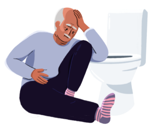 Guts UK branded character illustration of an elderly man sat down next to a toilet. He has his left arm bent, using the toilet for support, extending his hand to his forehead. His right hand is touching his stomach, on top of a blue jumper he is wearing. He has grey hair at the sides and back of his head and a grey moustache, and also wears dark navy trousers and pink and purple striped socks. He looks pained, as if he is about to vomit.