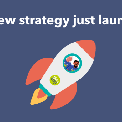 Image shows a blue background with white text that says: Our new strategy just launched! There is an illustration of a rocket with a Guts UK logo and two people inside the rocket wearing Guts UK branded t-shirts.