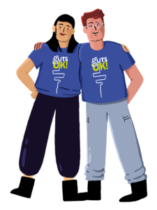 An illustration of two people standing next to each other with their arms around one another. They are both wearing blue t-shirts with Guts UK's green and white logo on it.