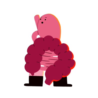 Guts UK Brand Characters of a pink gut including the oesophagus, stomach and bowel looking shocked.