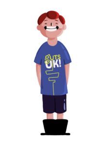 Guts UK brand character illustration of a boy wearing Guts UK t-shirt beaming with pride.