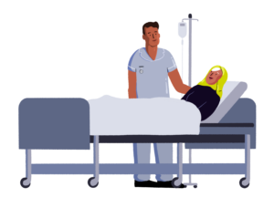 An illustration of a doctor speaking to a patient who is lying in a hospital bed.
