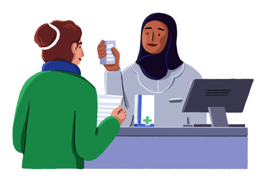An illustration of a person collecting medication from a pharmacist.