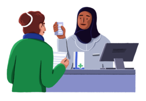 An illustration of a person collecting medication from a pharmacist.