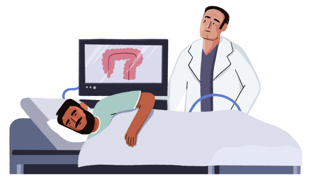 Guts UK brand character of a male patient and a male doctor. The patient is laid sideways on he bed ready for his colonoscopy.