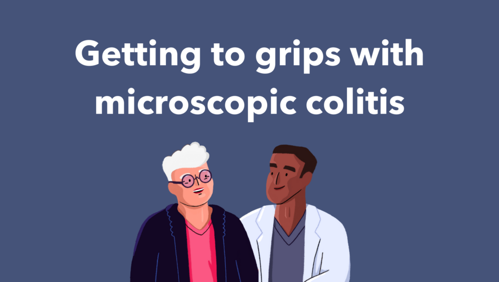 A blue background with white text that reads: Getting to grips with microscopic colitis. There is an illustration of a patient and doctor talking to each other.