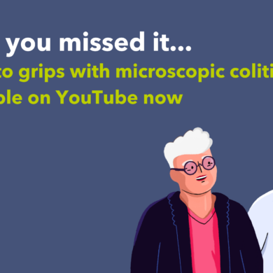 A blue background with green and white text that reads: Incase you missed it... Getting to grips with microscopic colitis is available on YouTube now. There is an illustration of a patient talking to a doctor. The image also includes Guts UK's logo.