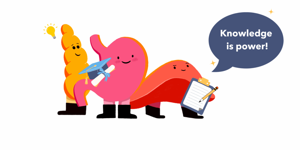 Guts UK brand character illustrations: the pancreas, stomach and liver, equipped with various learning materials such as a pencil and notepad, a graduation cap and scroll and a lightbulb idea graphic. The liver has a speech bubble which says "knowledge is power!"
