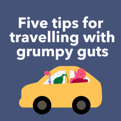 A blue background with white text that reads 'Five tips for travelling with grumpy guts' alongside an illustration of a yellow car with three Guts UK gut, gallbladder and oesophagus brand characters travelling inside.