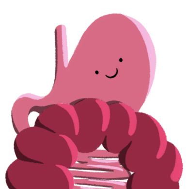 A Guts UK cartoon of the oesophagus, stomach and large bowel in pink wearing black boots. It has eyes and a smile on the stomach.