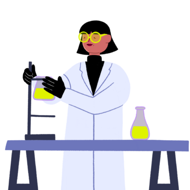 Guts UK cartoon character of a researcher in her white lab coat. She is wrapping her right around a flask with green liquid on a stand on top of a table. There is another flask with a green fluid on the right end of the table.