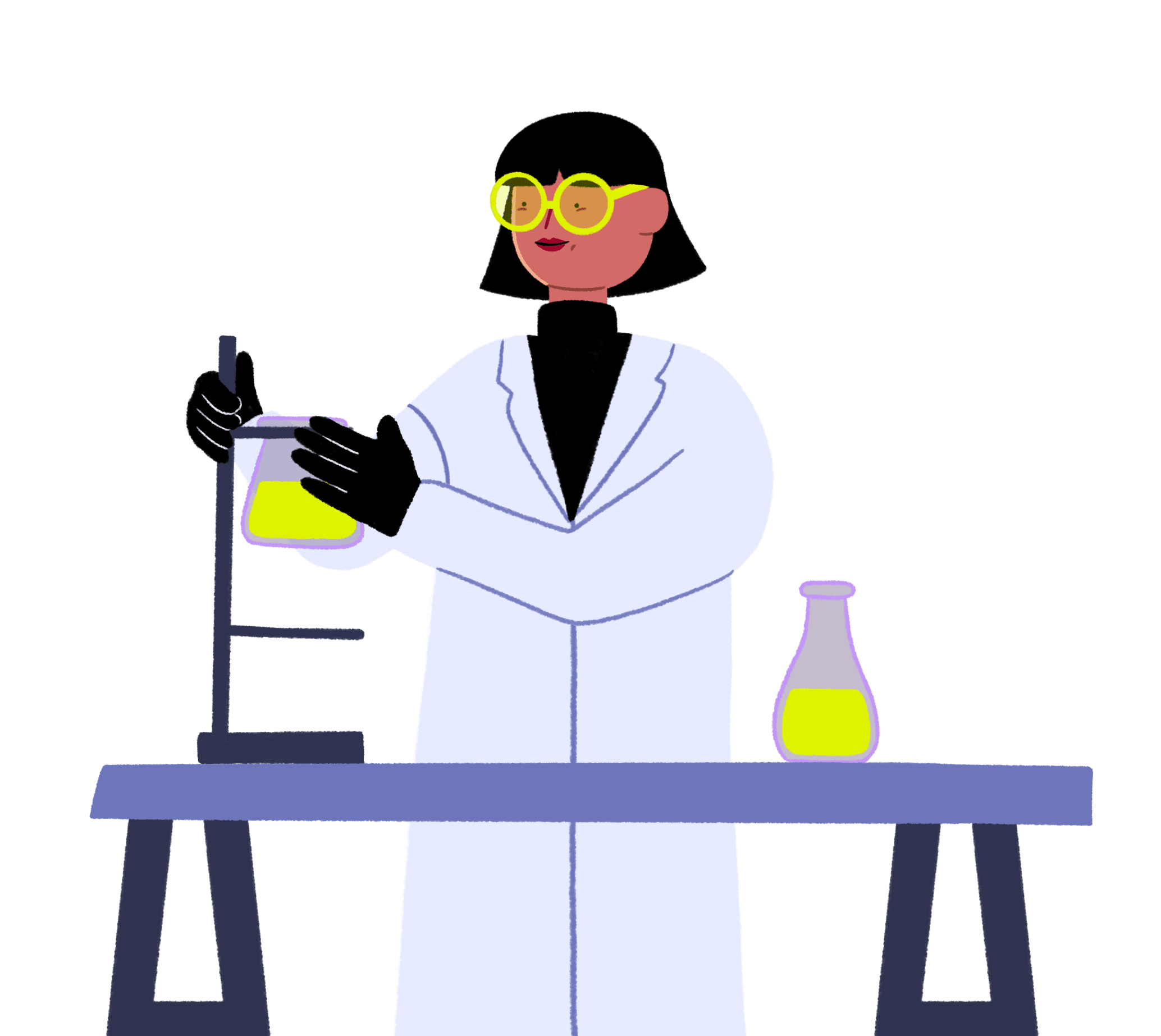 Guts UK cartoon character of a researcher in her white lab coat. She is wrapping her right around a flask with green liquid on a stand on top of a table. There is another flask with a green fluid on the right end of the table.