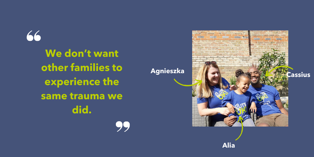 Picture of Agnieszka, Alia and Cassius all smiling and laughing in their Guts UK t-shirts. Quote reads "we don't want other families to experience the same tramua we did."