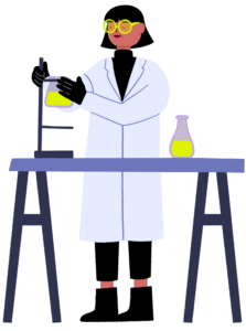 Guts UK cartoon character of a researcher in her white lab coat. She is wrapping her right around a flask with green liquid on a stand on top of a table. There is another flask with a green fluid on the right end of the table.