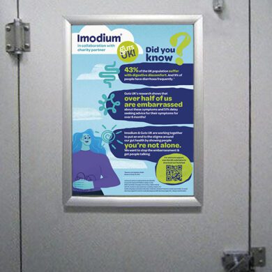 Imodium and Guts UK collaboration post behind a grey toilet cubicle door.