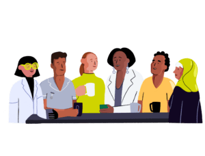 Five of Guts UK's brand cartoon characters sit around each other in front of a table with mugs. From left to right, there is a female researcher in a lab coat, a male healthcare professional in his blue-grey uniform top, a female in her green top, a healthcare professional in a lab coat, a male in his yellow top and a woman with her yellow hijab and black top.