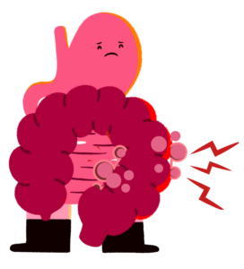Guts UK's brand cartoon character of a large intestine (colon), small intestine and stomach. The stomach has a sad expression and the organs are standing up in black boots. There are inflammation pockets on the colon and the character is in pain.