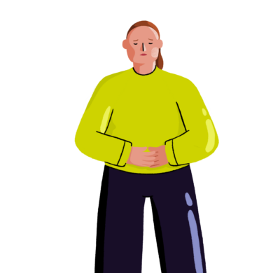 A digital character drawing of a white woman wearing a green jumper and navy trousers. The image is cropped to show the top of the trousers and upwards, and she is holding her hands to her stomach in pain. She has a pained look on her face.