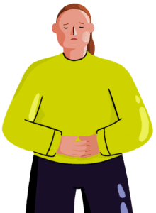 Illustrated woman with red hair wearing a jumper, trousers is holding her stomach. She looks disheartened.