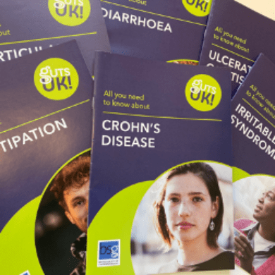 Eight Guts UK leaflets are fanned out on top of each other. The titles of the leaflets that can be seen are diverticular disease, constipation, diarrhoea, Crohn's disease, ulcerative colitis and irritable bowel syndrome.