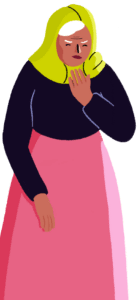 Illustrated woman wearing a jumper, skirt and hijab holds her hand up to her mouth. She grimaces in pain.