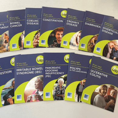A photo of some of Guts UK Charity's patient information leaflets including Barrett's Oesophagus, bowel cancer, coeliac disease, constipation, Crohn's disease, diarrhoea, diverticular disease, indigestion, irritable bowel syndrome (IBS), pancreatic exocrine insufficiency (PEI), polyps and ulcerative colitis