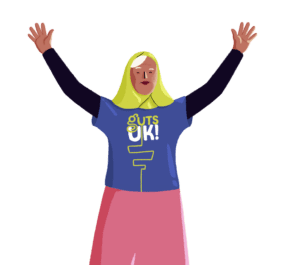 Guts UK cartoon character of a woman wearing a yellow hijab, a Guts UK navy blue t-shirt and a pink dress. She has both in the air.