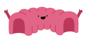 A Guts UK cartoon figure of Colin, a pink large bowel with a smile on his face and two arms are present on each end with both thumbs up.