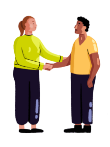 Guts UK cartoon of a female in her green top and black trousers and male in his orange top and black trousers looking at each other. They are stood up and holding hands supporting each other.