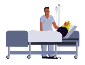 Guts UK's brand cartoon characters of a female and a male. The female wears a yellow hijab and a black long-sleeved top. She has an IV fluid drip beside her. She lies on a blue-grey hospital bed with grey sheets. A healthcare professional in his blue-grey uniform stands over her and reassures her.